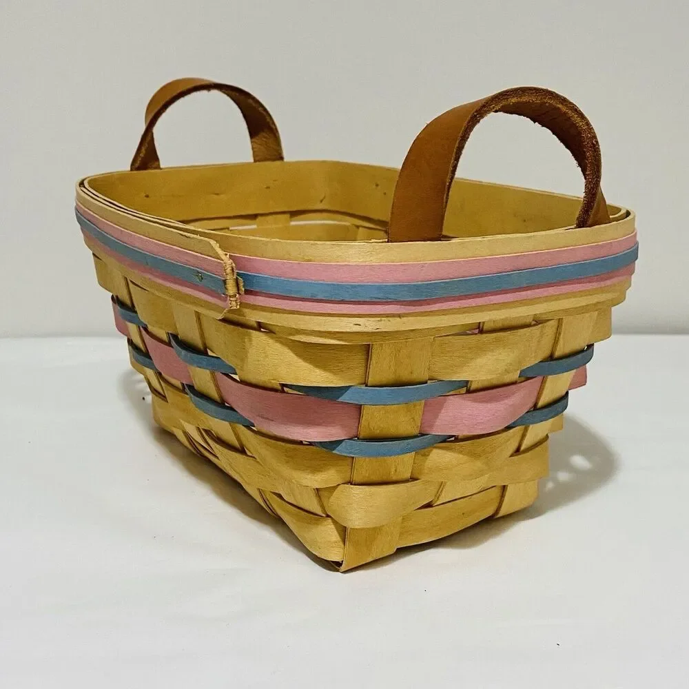 1992 Henn Basket Welcome to the World Pink Blue Bands Woven Signed Handles FLAW